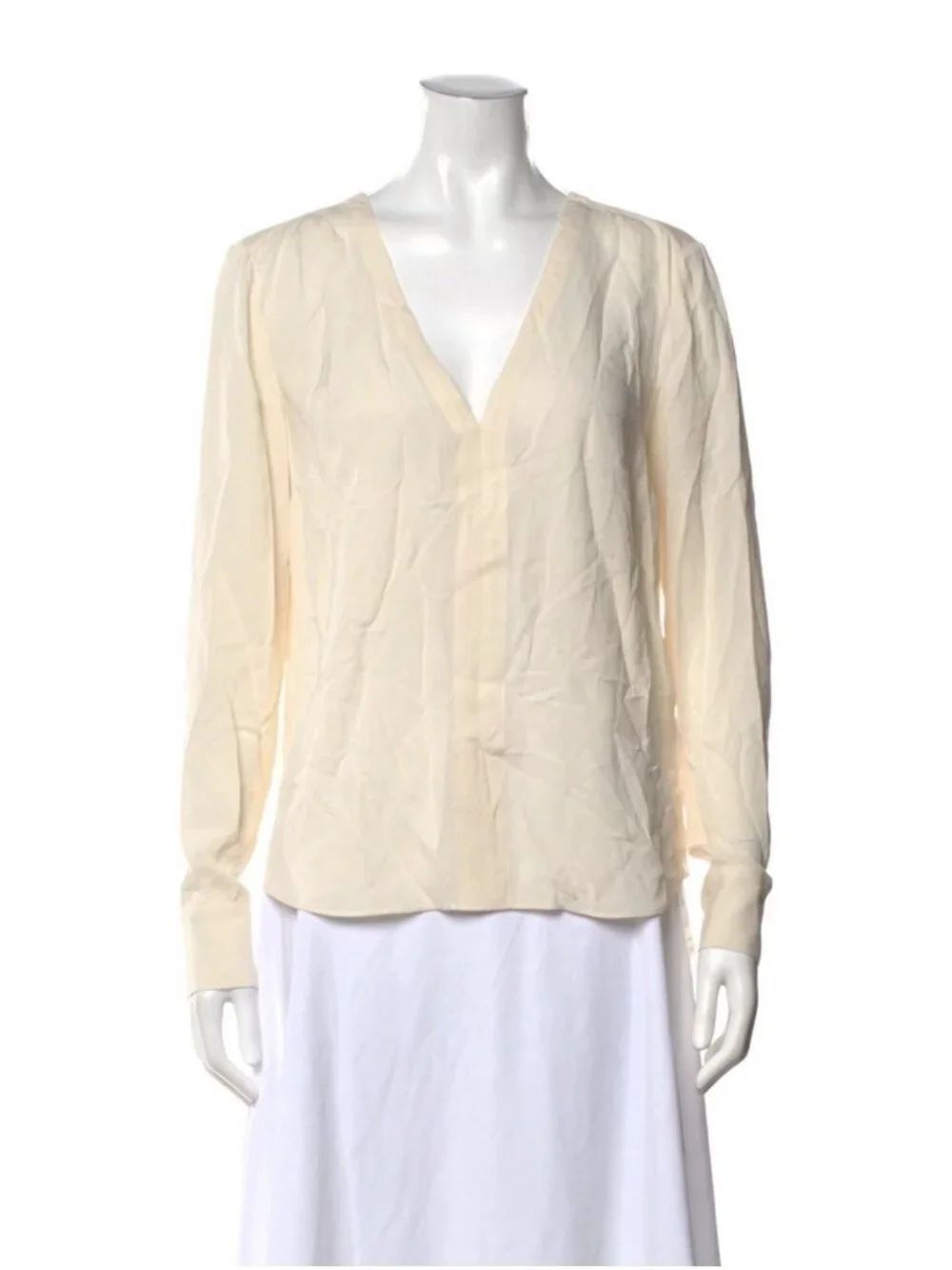A.l.c. Authentic Solid Ivory 100% Silk V Neck Long Sleeve Top Blouse 6 Small